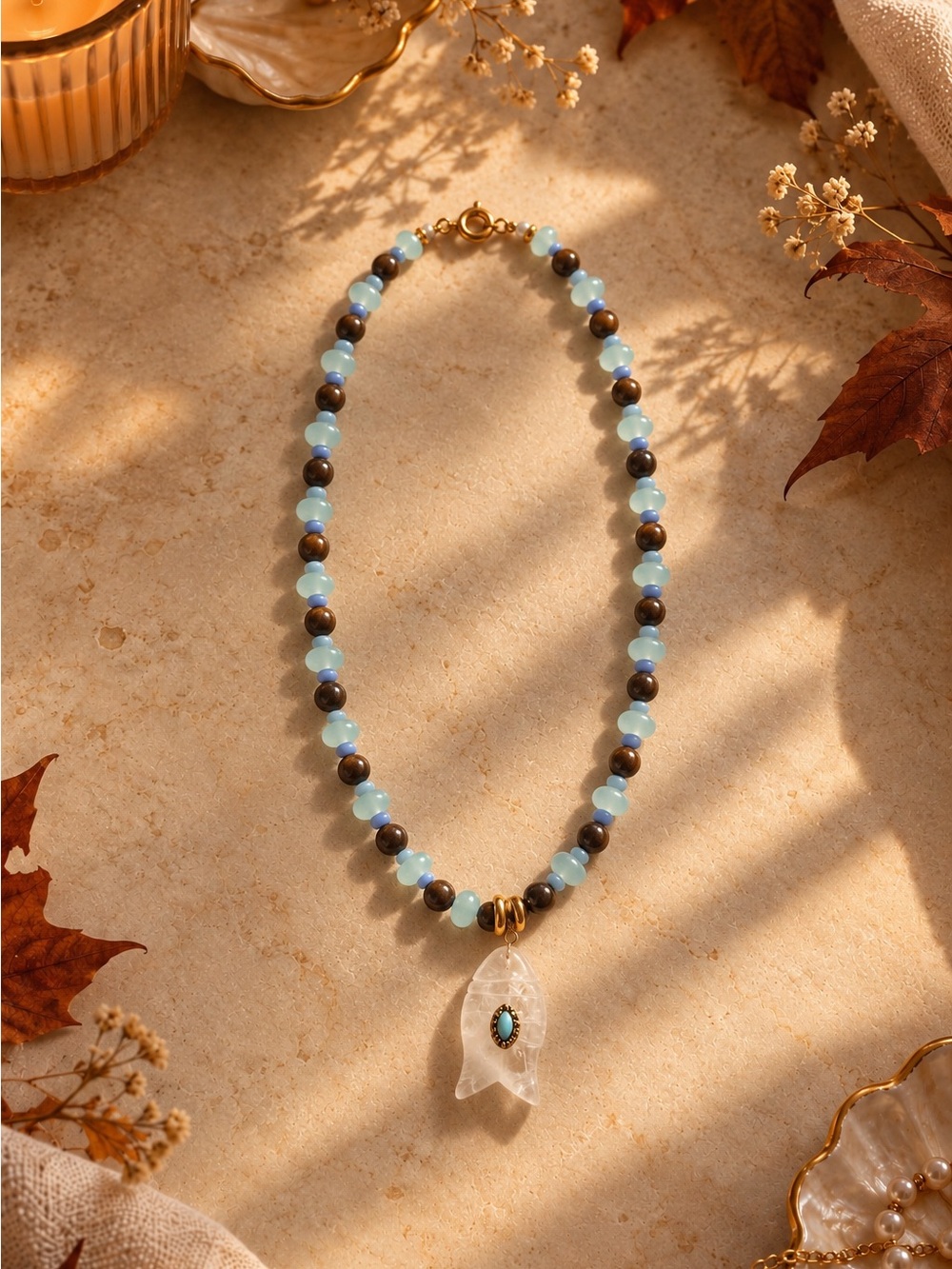 Beaded Aqua & Tiger’s Eye Stone Necklace with Clear quartz Pendant